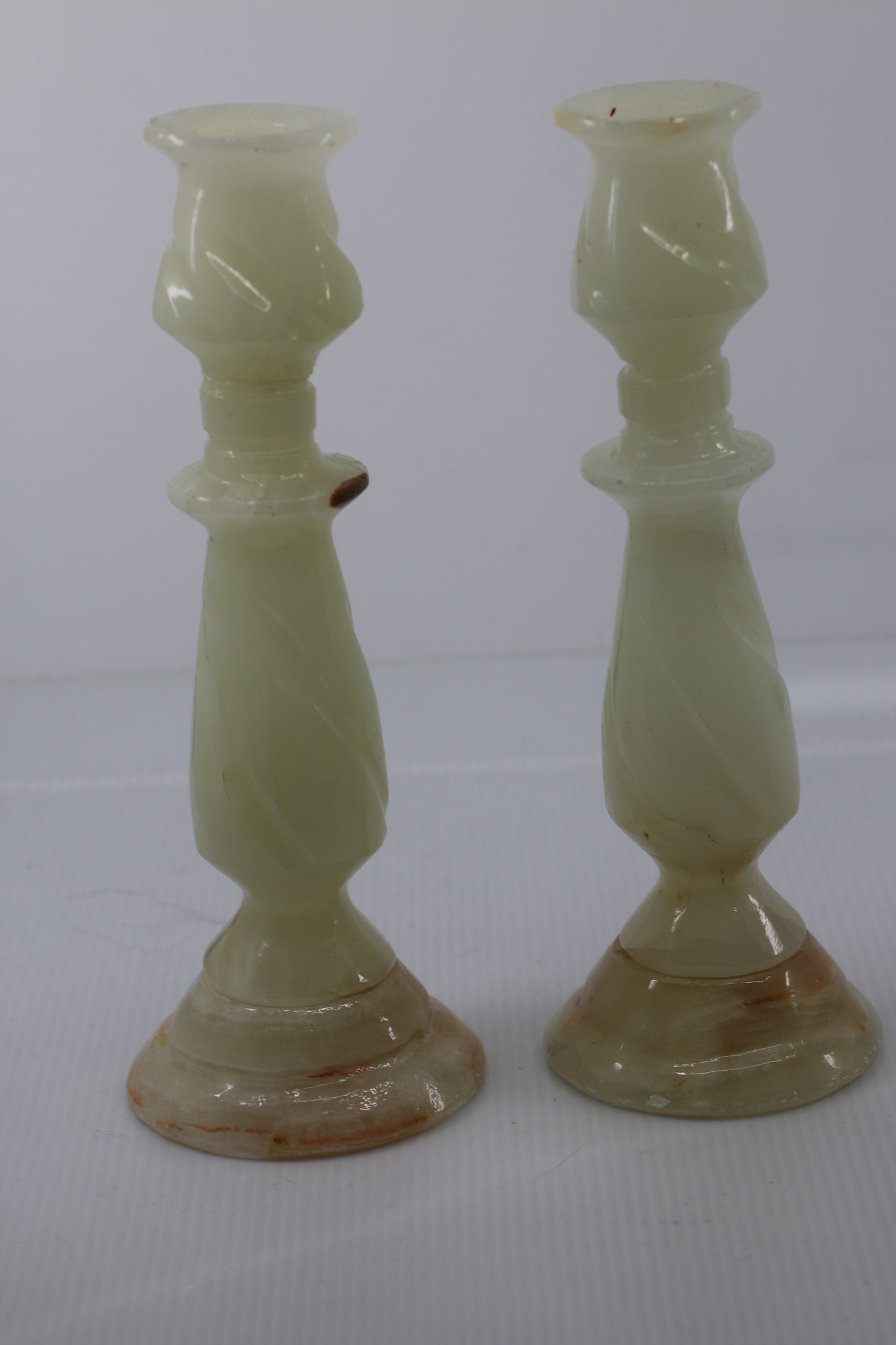 Vintage Green Onyx Stone Candlesticks Pair Hand Turned Marble Candle Holders