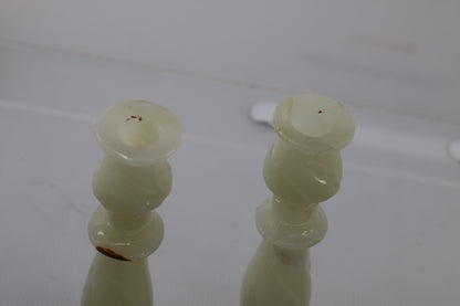 Vintage Green Onyx Stone Candlesticks Pair Hand Turned Marble Candle Holders