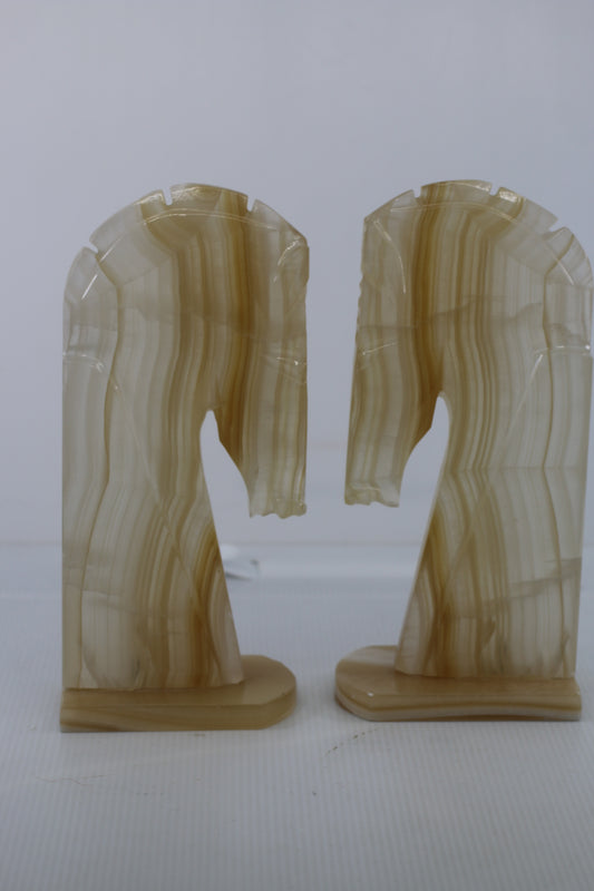 Vintage 1970s Onyx Horse Head Bookends Pair Hand Carved Marble Alabaster 11"