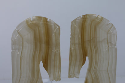 Vintage 1970s Onyx Horse Head Bookends Pair Hand Carved Marble Alabaster 11"