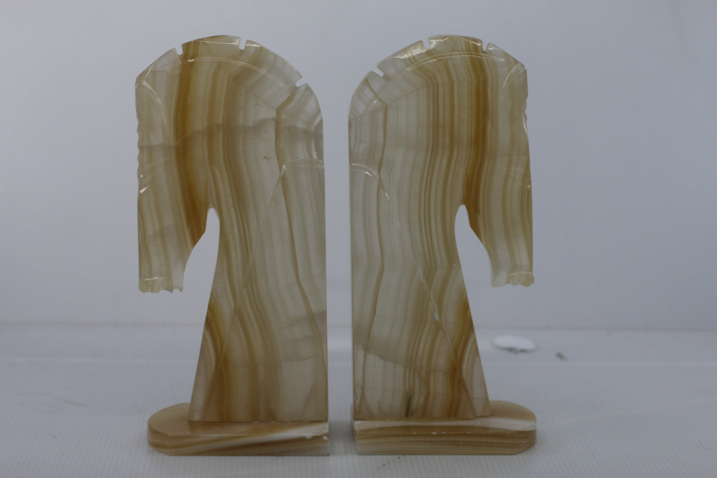 Vintage 1970s Onyx Horse Head Bookends Pair Hand Carved Marble Alabaster 11"