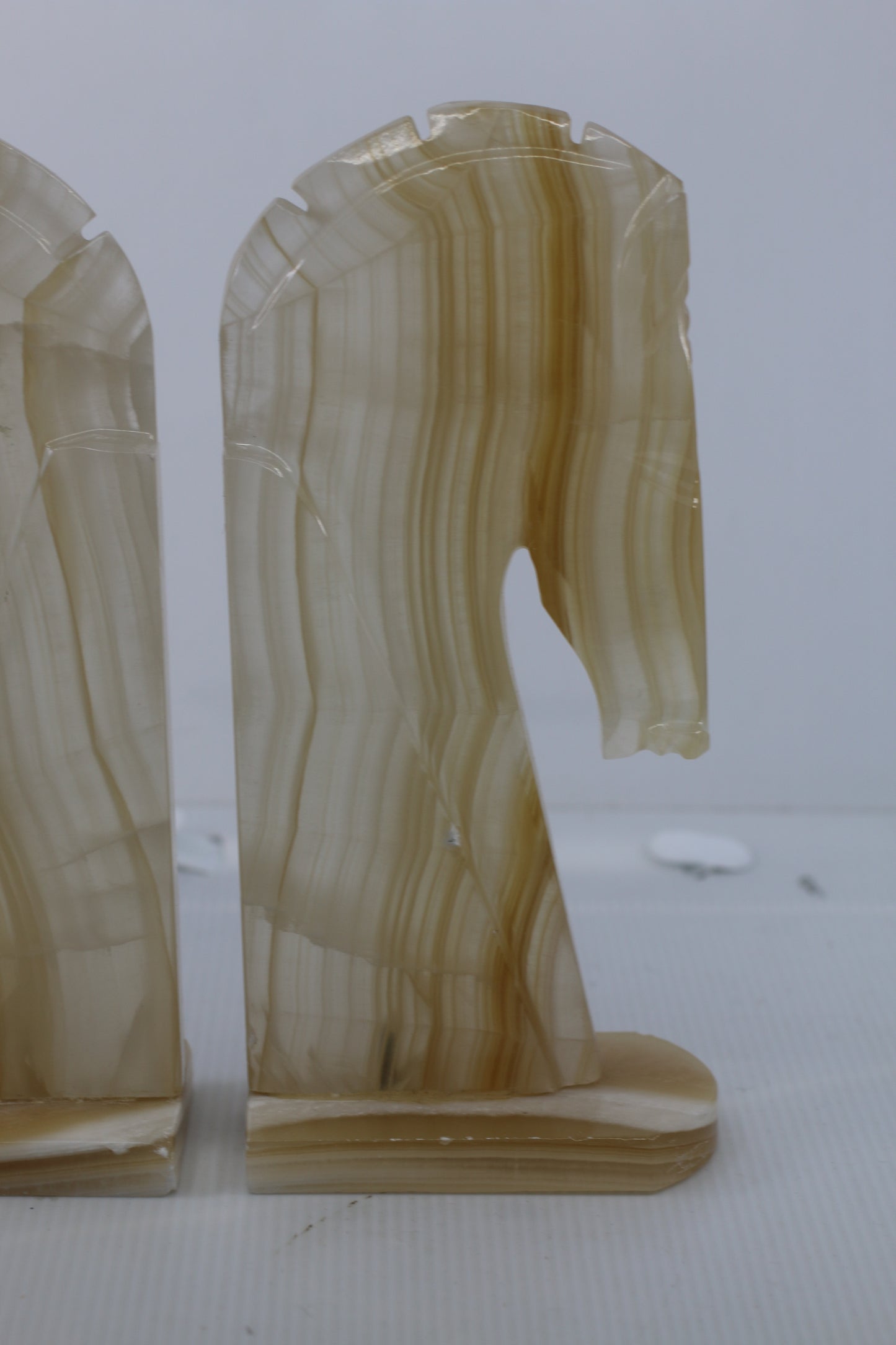 Vintage 1970s Onyx Horse Head Bookends Pair Hand Carved Marble Alabaster 11"