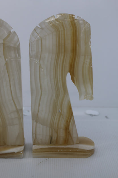 Vintage 1970s Onyx Horse Head Bookends Pair Hand Carved Marble Alabaster 11"