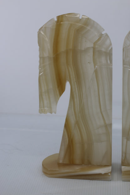 Vintage 1970s Onyx Horse Head Bookends Pair Hand Carved Marble Alabaster 11"