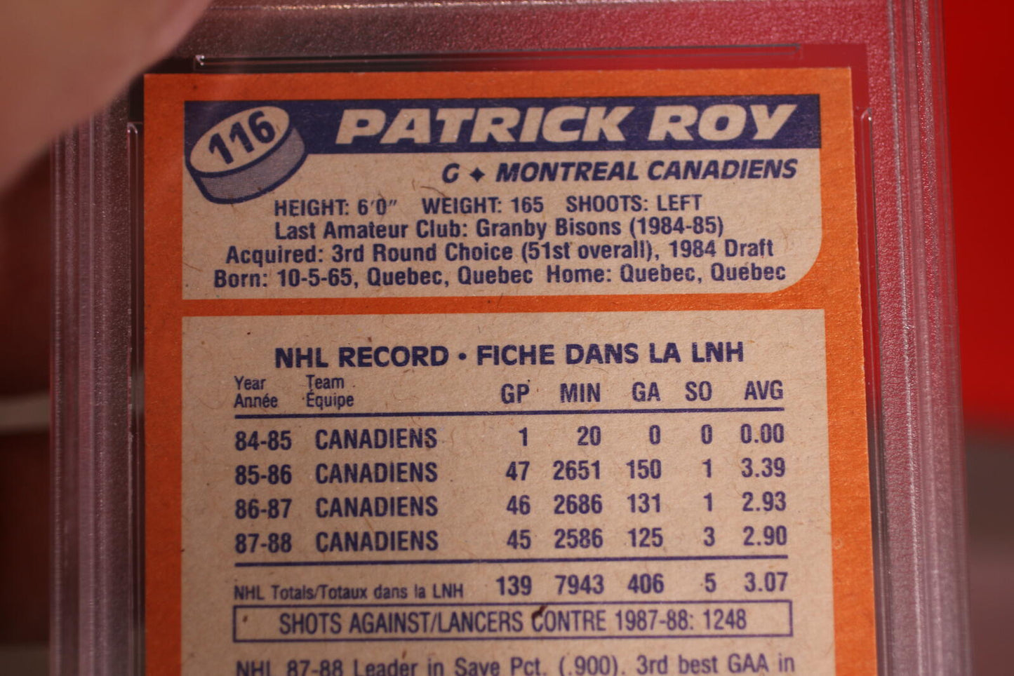 1988 O-Pee-Chee Patrick Roy Hockey Card #116 PSA Mint 9