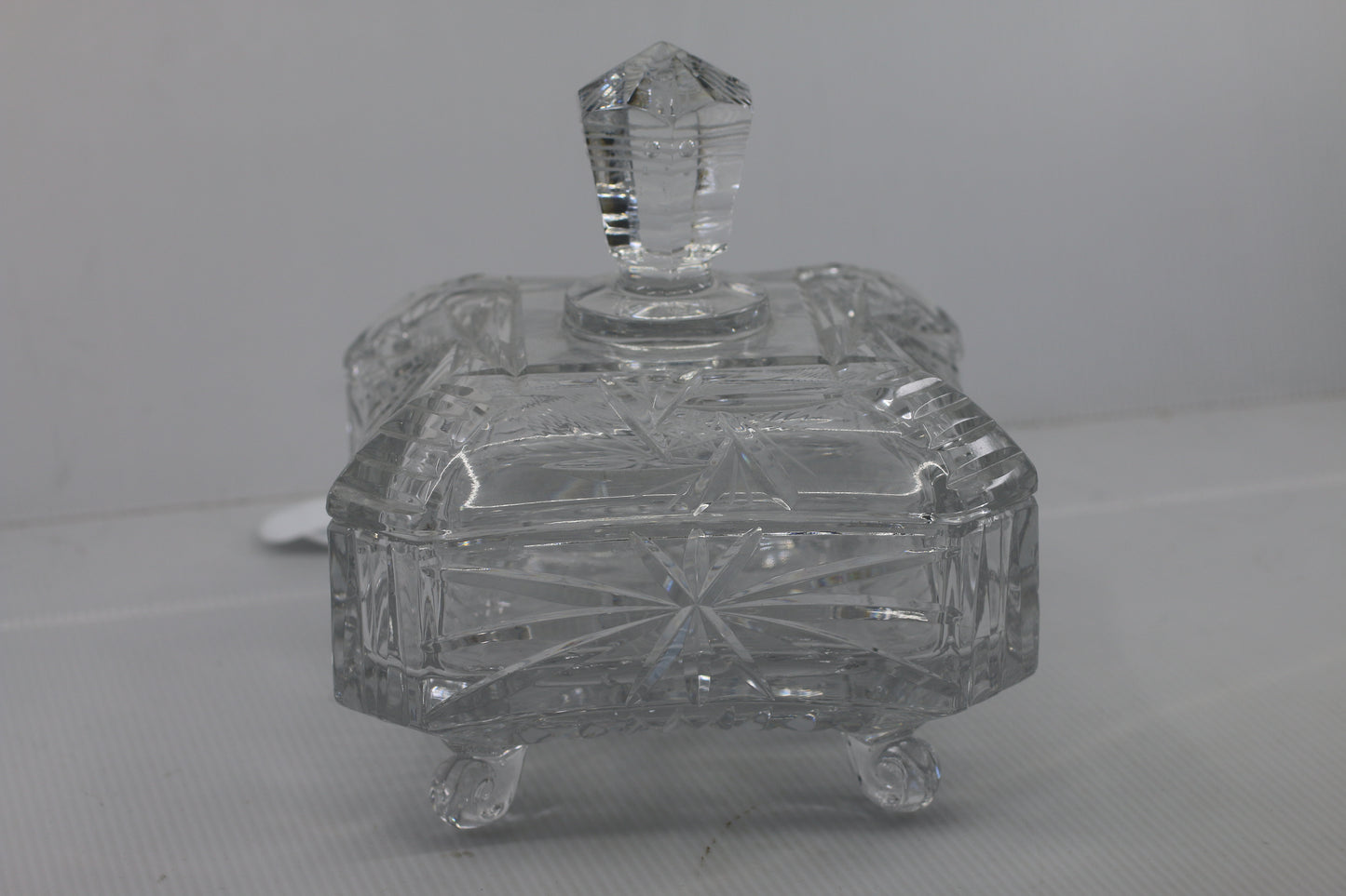 Vintage Pressed Glass Trinket Box on Feet with Lid Starburst Design
