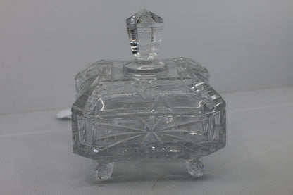 Vintage Pressed Glass Trinket Box on Feet with Lid Starburst Design
