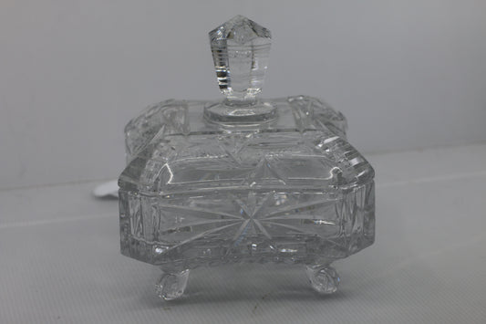Vintage Pressed Glass Trinket Box on Feet with Lid Starburst Design