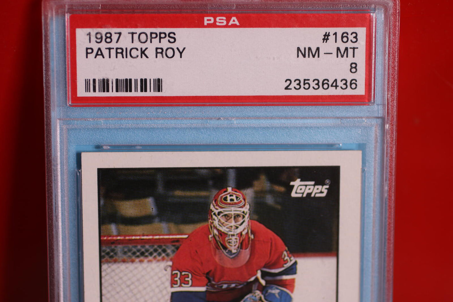 1987 Topps Patrick Roy Hockey Goaler Card #163 PSA 8 NM-MT Graded rare
