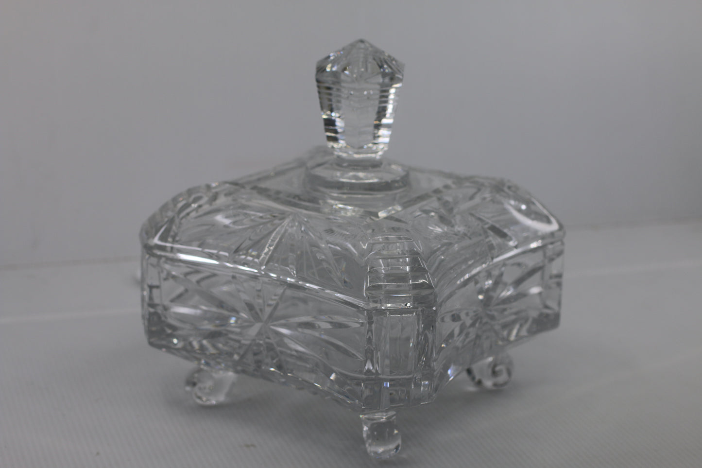Vintage Pressed Glass Trinket Box on Feet with Lid Starburst Design