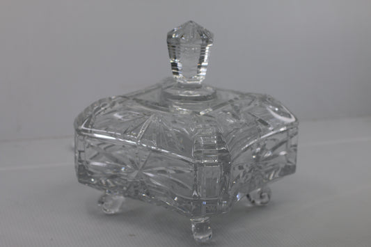 Vintage Pressed Glass Trinket Box on Feet with Lid Starburst Design