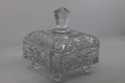 Vintage Pressed Glass Trinket Box on Feet with Lid Starburst Design