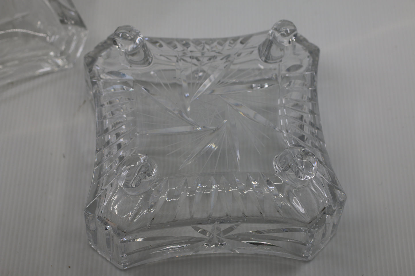 Vintage Pressed Glass Trinket Box on Feet with Lid Starburst Design