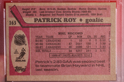 1987 Topps Patrick Roy Hockey Goaler Card #163 PSA 8 NM-MT Graded rare