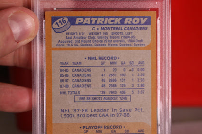 1988 Topps Goaler player Patrick Roy Hockey Card #116 PSA Mint 9
