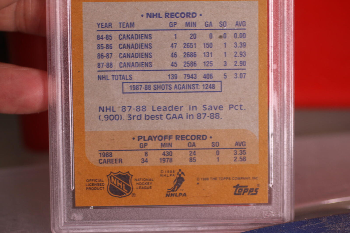 1988 Topps Goaler player Patrick Roy Hockey Card #116 PSA Mint 9