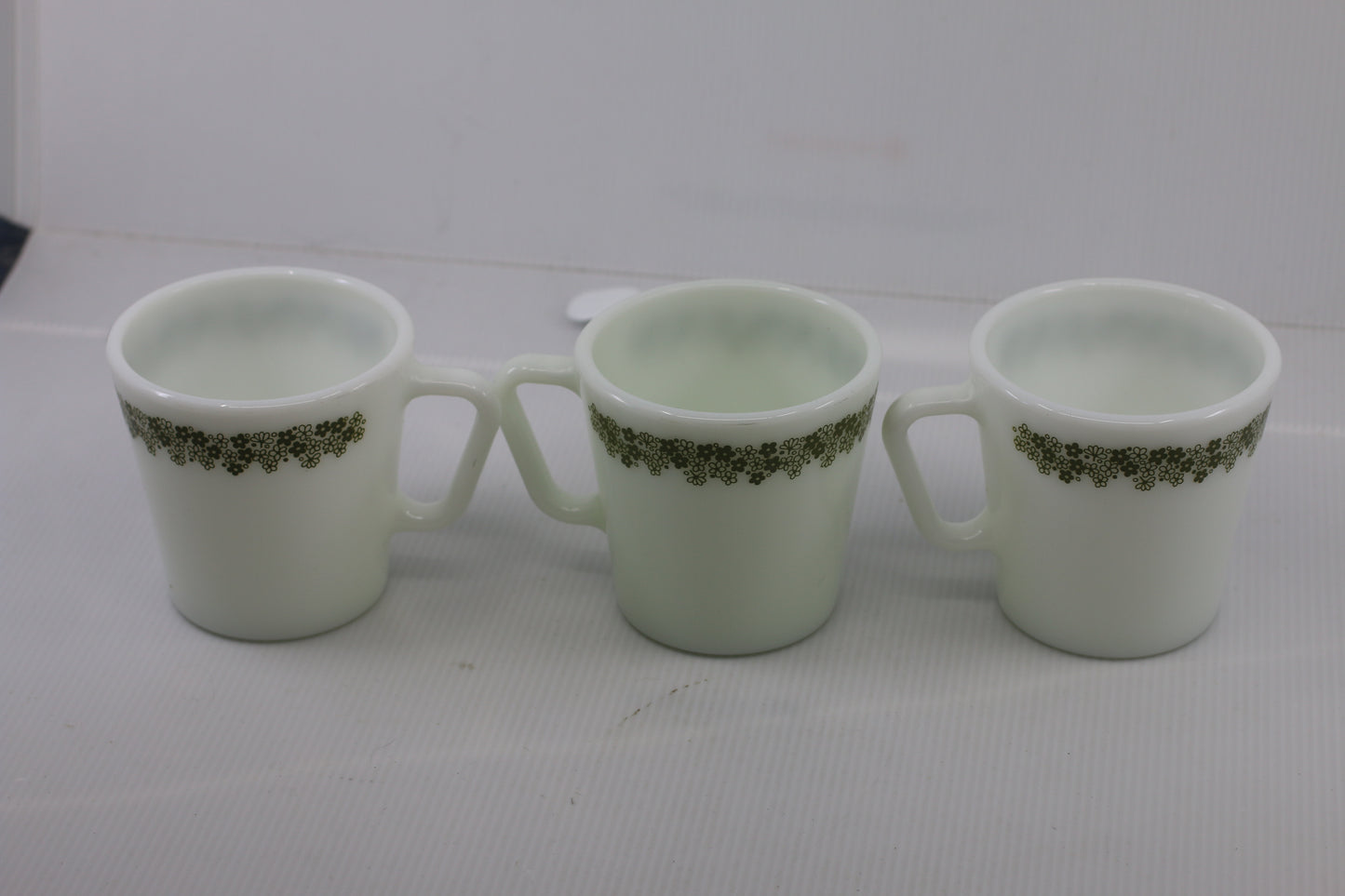 Vintage Green Flowers Spring Blossom By PYREX 3 White Mugs 3 1/2"