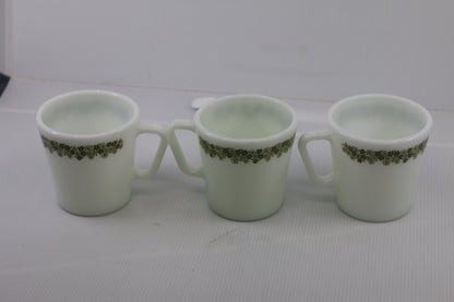 Vintage Green Flowers Spring Blossom By PYREX 3 White Mugs 3 1/2"