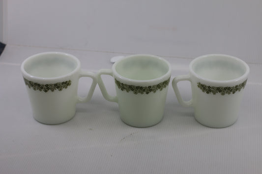 Vintage Green Flowers Spring Blossom By PYREX 3 White Mugs 3 1/2"