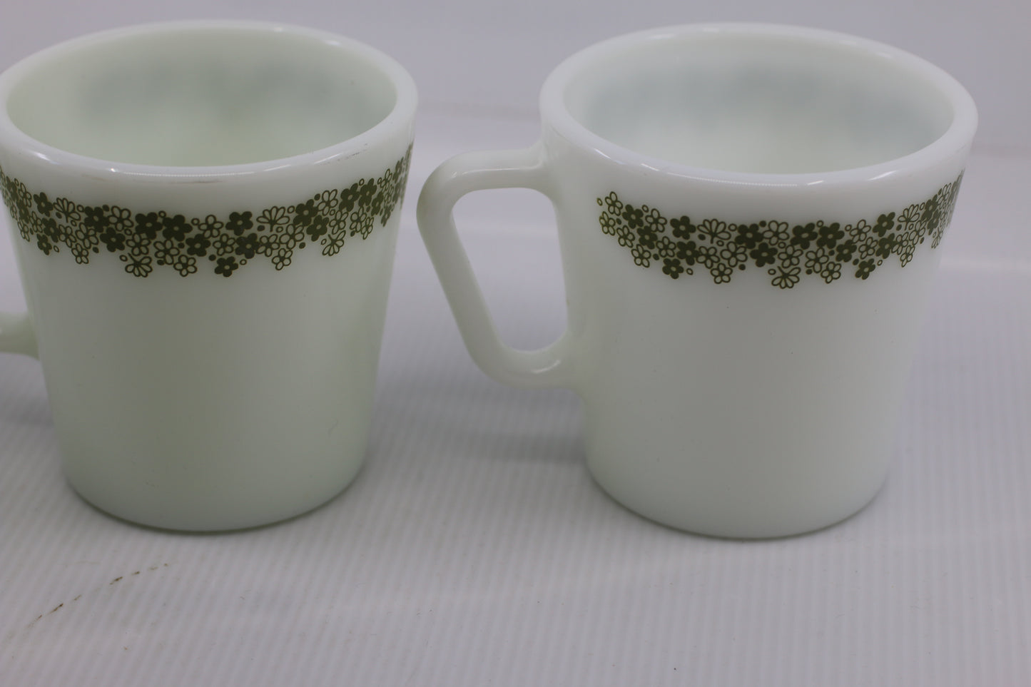 Vintage Green Flowers Spring Blossom By PYREX 3 White Mugs 3 1/2"