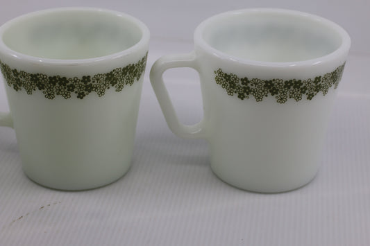 Vintage Green Flowers Spring Blossom By PYREX 3 White Mugs 3 1/2"