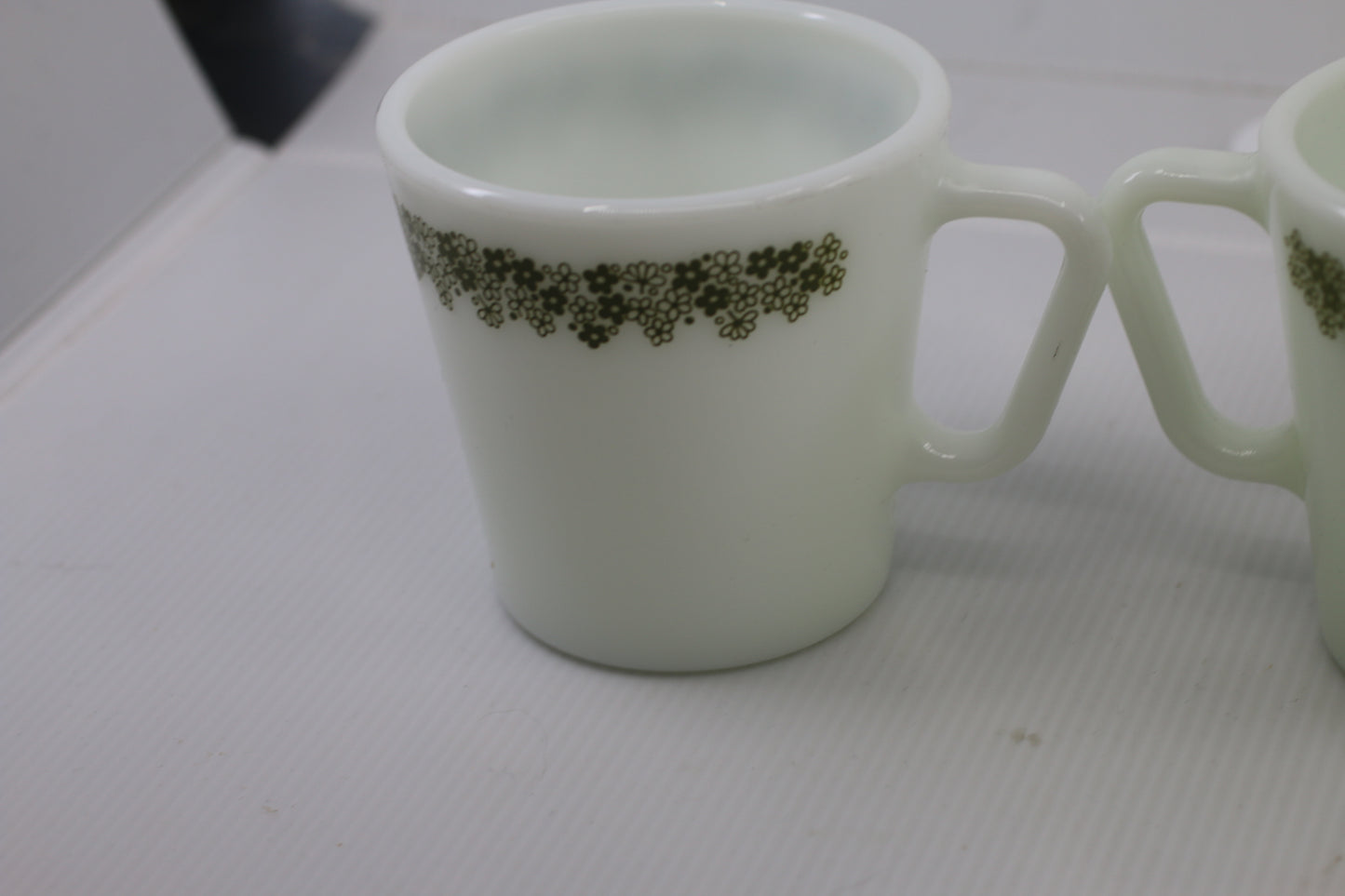 Vintage Green Flowers Spring Blossom By PYREX 3 White Mugs 3 1/2"