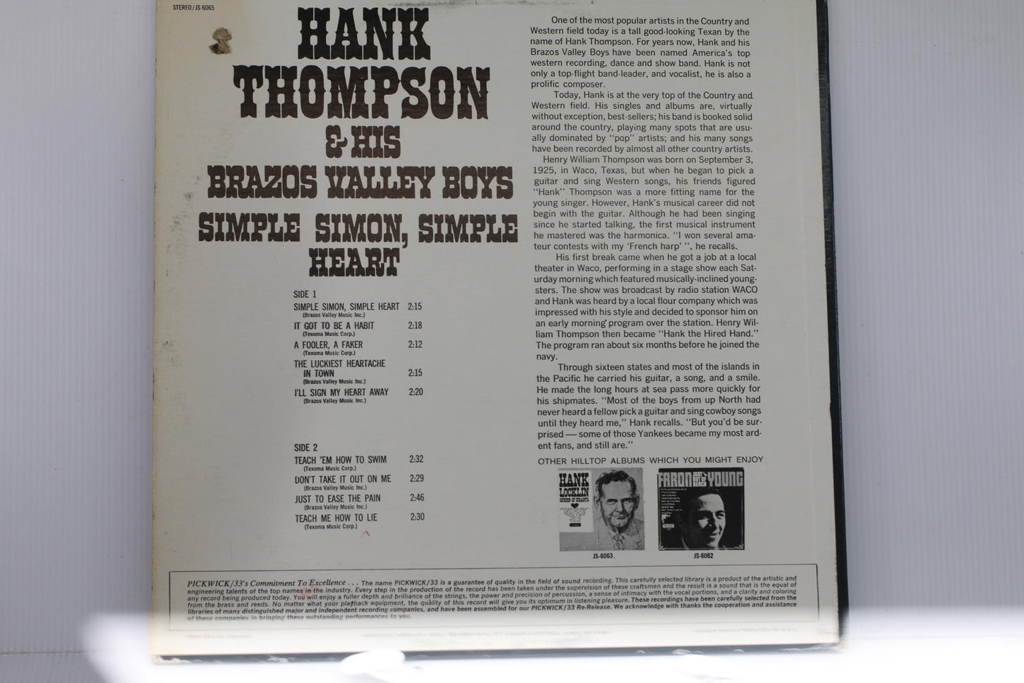 Hank Thompson & His Brazos Valley Boys - Simple Simon, Simple Heart Vinyl Record