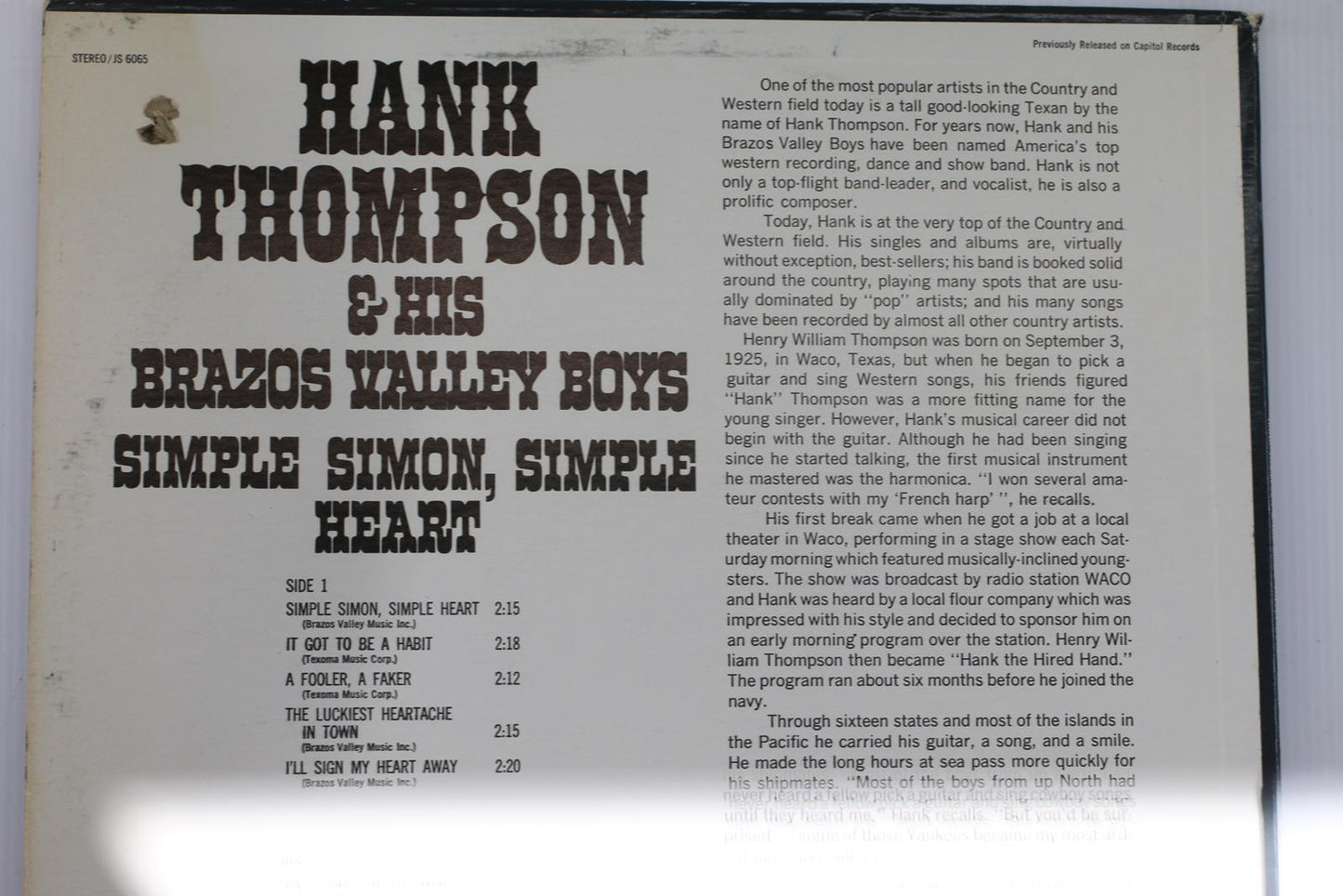 Hank Thompson & His Brazos Valley Boys - Simple Simon, Simple Heart Vinyl Record