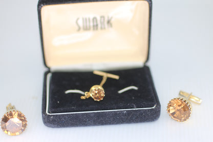 Vintage Gold Tone Cufflinks & Tie Pin Set with Faceted Amber Champagne Stone
