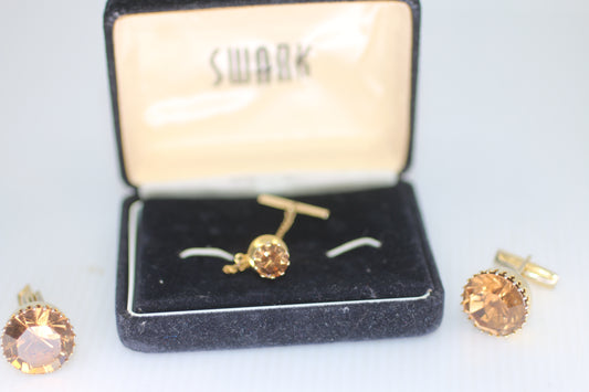 Vintage Gold Tone Cufflinks & Tie Pin Set with Faceted Amber Champagne Stone