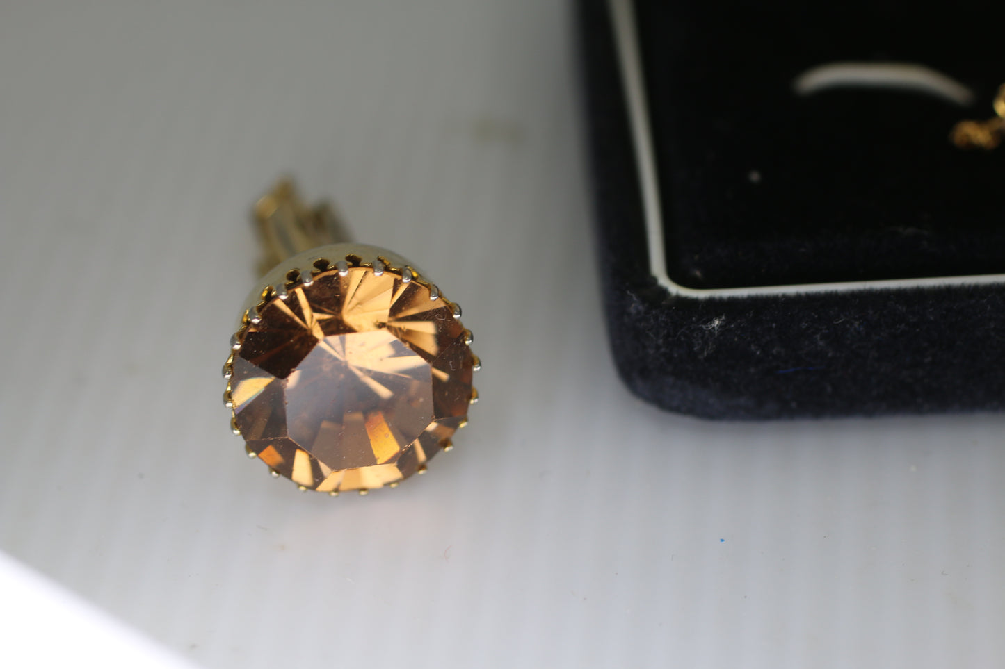 Vintage Gold Tone Cufflinks & Tie Pin Set with Faceted Amber Champagne Stone