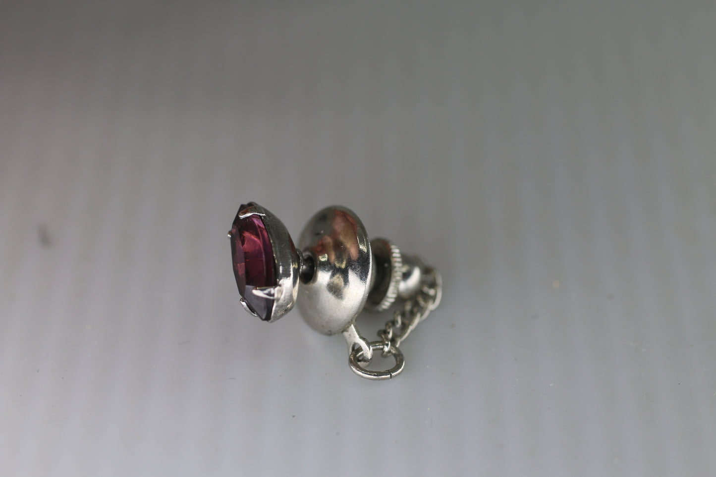 Vintage Silver-Tone Tie Tack with Purple Faceted Stone & Safety Chain