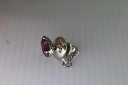 Vintage Silver-Tone Tie Tack with Purple Faceted Stone & Safety Chain