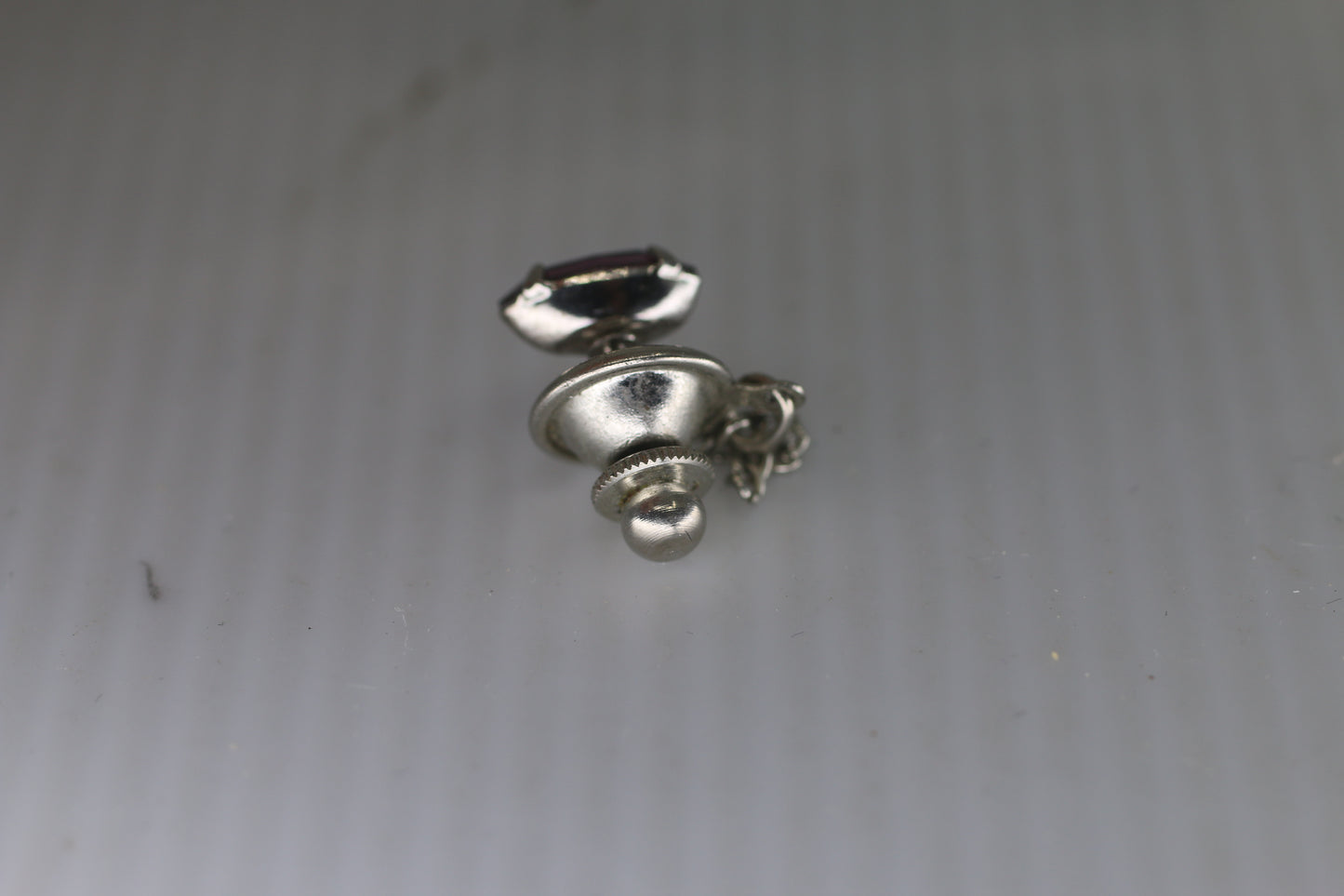 Vintage Silver-Tone Tie Tack with Purple Faceted Stone & Safety Chain