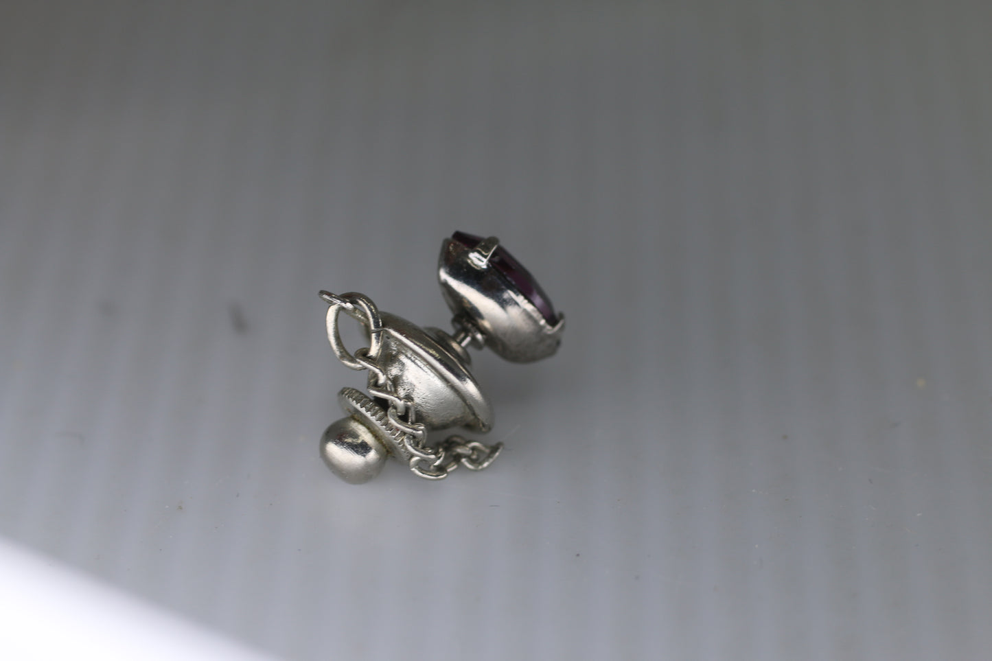 Vintage Silver-Tone Tie Tack with Purple Faceted Stone & Safety Chain