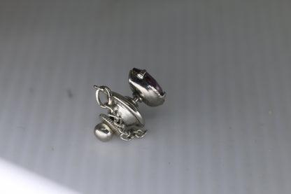 Vintage Silver-Tone Tie Tack with Purple Faceted Stone & Safety Chain