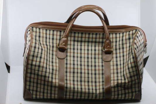 Vintage JAGUAR Plaid Duffle Bag Brown Leather Trim Travel Weekend Bag 80s 90s