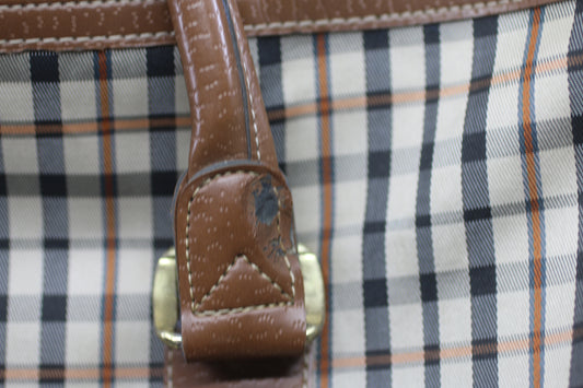 Vintage JAGUAR Plaid Duffle Bag Brown Leather Trim Travel Weekend Bag 80s 90s