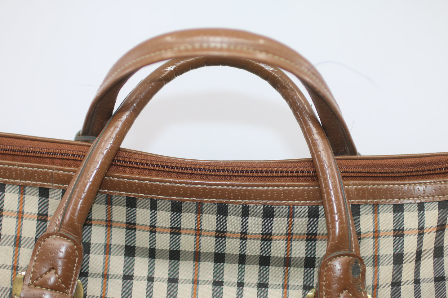 Vintage JAGUAR Plaid Duffle Bag Brown Leather Trim Travel Weekend Bag 80s 90s