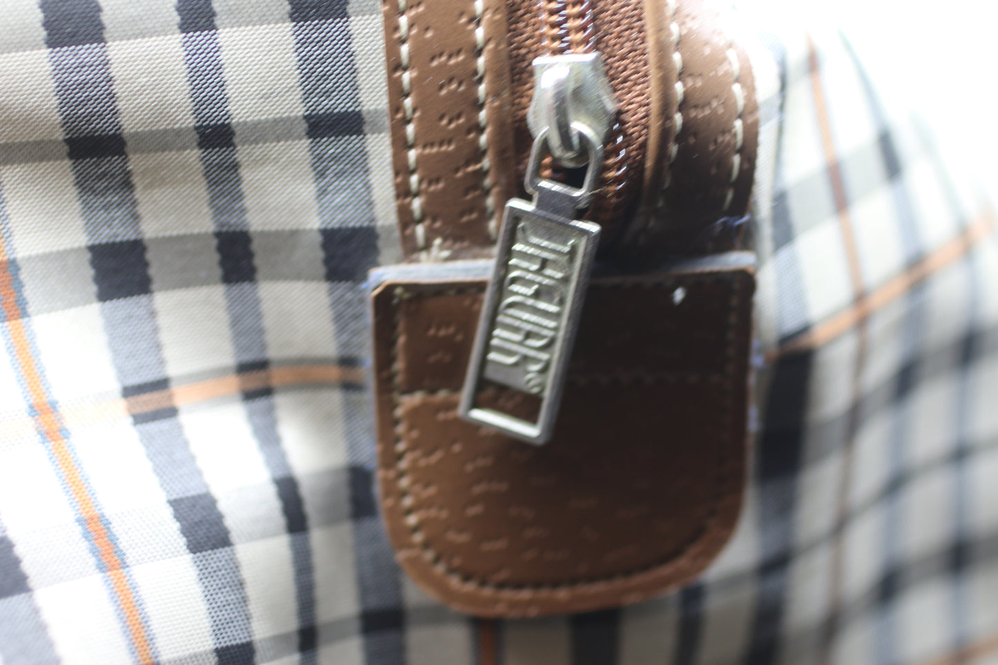 Vintage JAGUAR Plaid Duffle Bag Brown Leather Trim Travel Weekend Bag 80s 90s