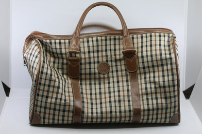 Vintage JAGUAR Plaid Duffle Bag Brown Leather Trim Travel Weekend Bag 80s 90s
