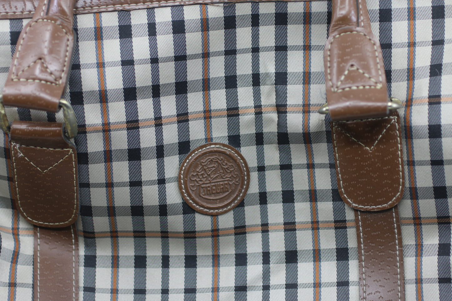 Vintage JAGUAR Plaid Duffle Bag Brown Leather Trim Travel Weekend Bag 80s 90s