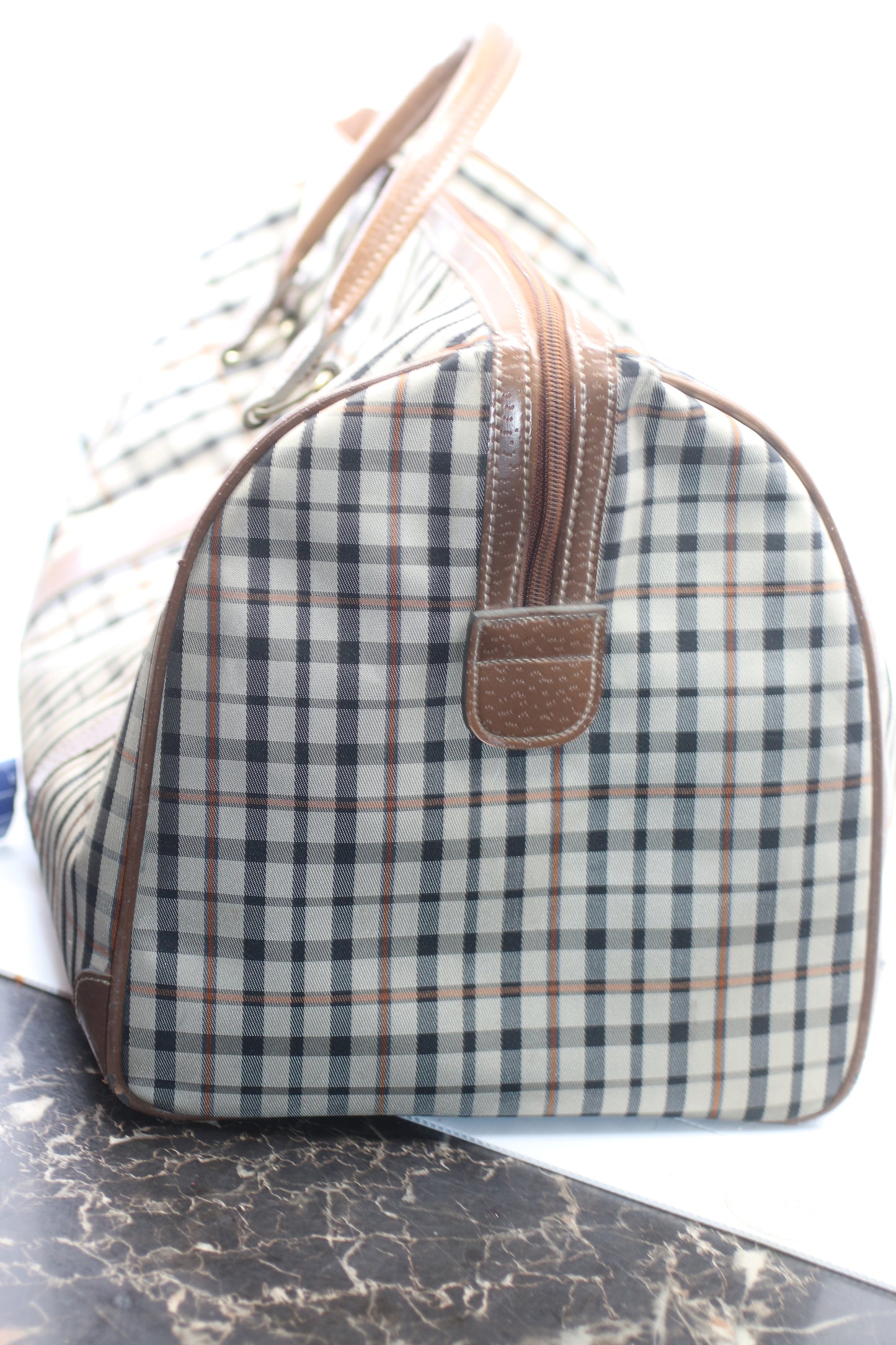 Vintage JAGUAR Plaid Duffle Bag Brown Leather Trim Travel Weekend Bag 80s 90s