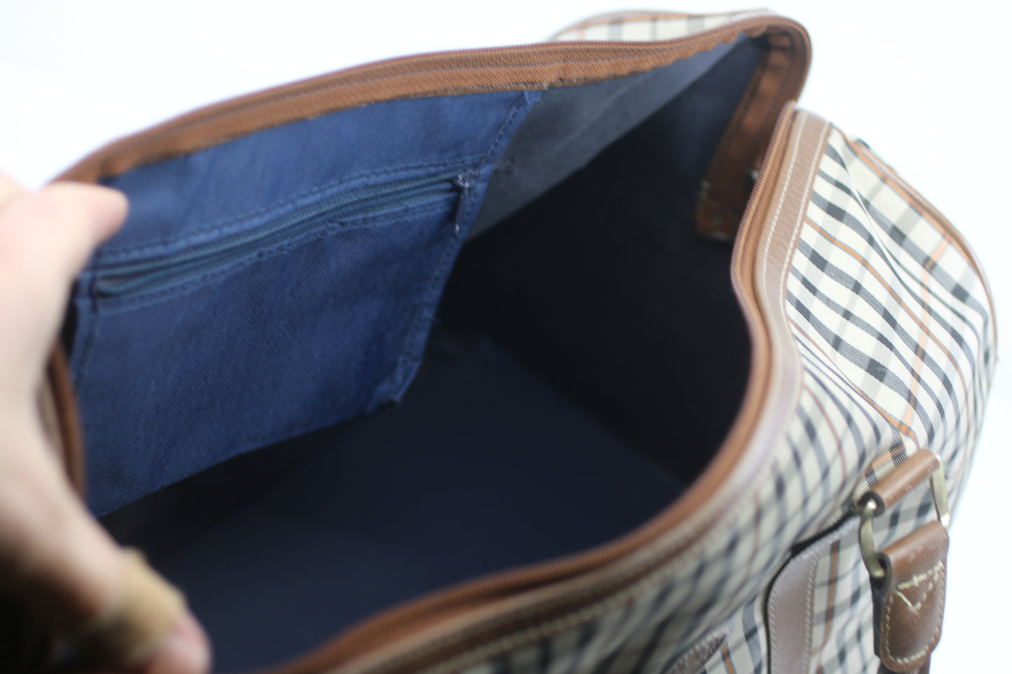 Vintage JAGUAR Plaid Duffle Bag Brown Leather Trim Travel Weekend Bag 80s 90s