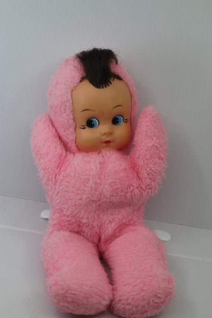 Vintage 1950s Pink Plush Baby Doll Rubber Face Mohair Hair Rare Stuffed Toy