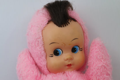 Vintage 1950s Pink Plush Baby Doll Rubber Face Mohair Hair Rare Stuffed Toy
