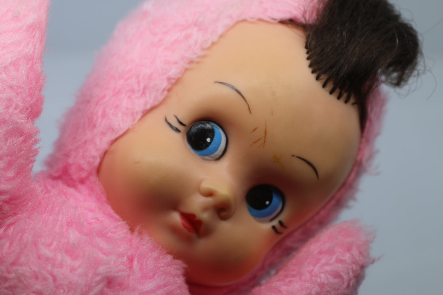 Vintage 1950s Pink Plush Baby Doll Rubber Face Mohair Hair Rare Stuffed Toy