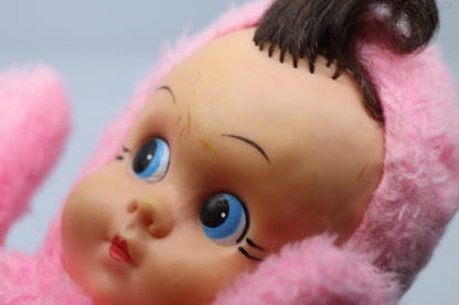 Vintage 1950s Pink Plush Baby Doll Rubber Face Mohair Hair Rare Stuffed Toy