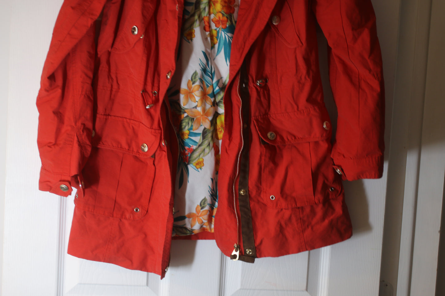 Point Zero Red Parka Jacket Floral Lined Hooded Womens Size Small