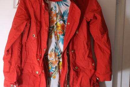 Point Zero Red Parka Jacket Floral Lined Hooded Womens Size Small